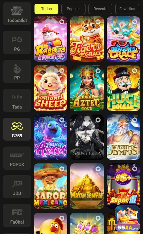 Catálogo de slots do site 55aa com várias opções de jogos emocionantes.