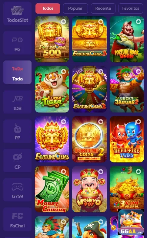 Imagem mostrando diversos jogos de slot disponível no site 55aa.